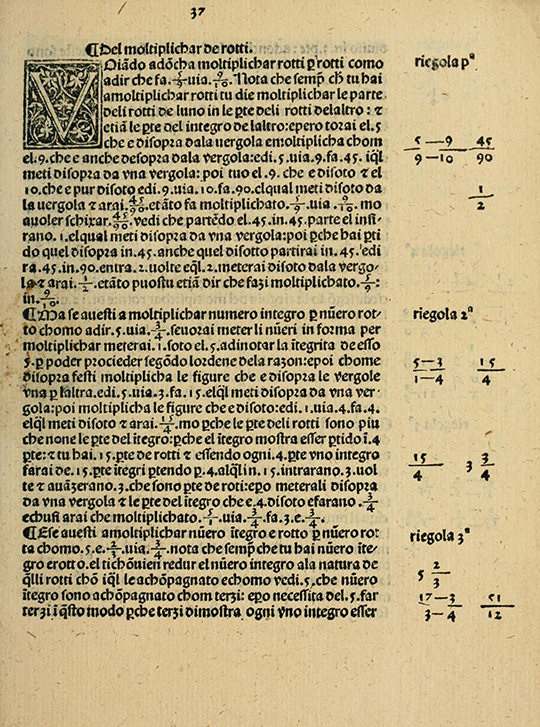 Multiplication of fractions from Borghi's Arithmetic (1484).