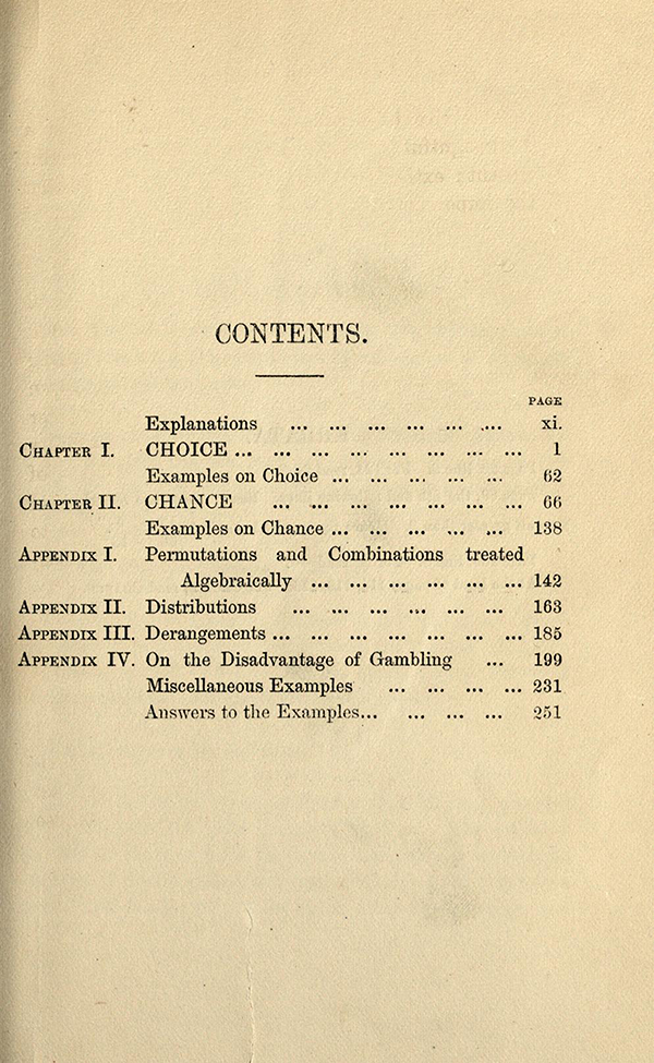 Table of Contents for Choice and Chance, 2nd Edition, 1870 by William Whitmore