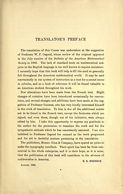 Translator's preface of Volume one of A Course in Mathematical Analysis (English translation of Goursat's Course d'analyse mathematique from 1904)