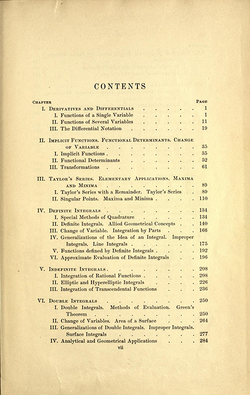 First page of table of contents for Volume one of A Course in Mathematical Analysis (English translation of Goursat's Course d'analyse mathematique from 1904)