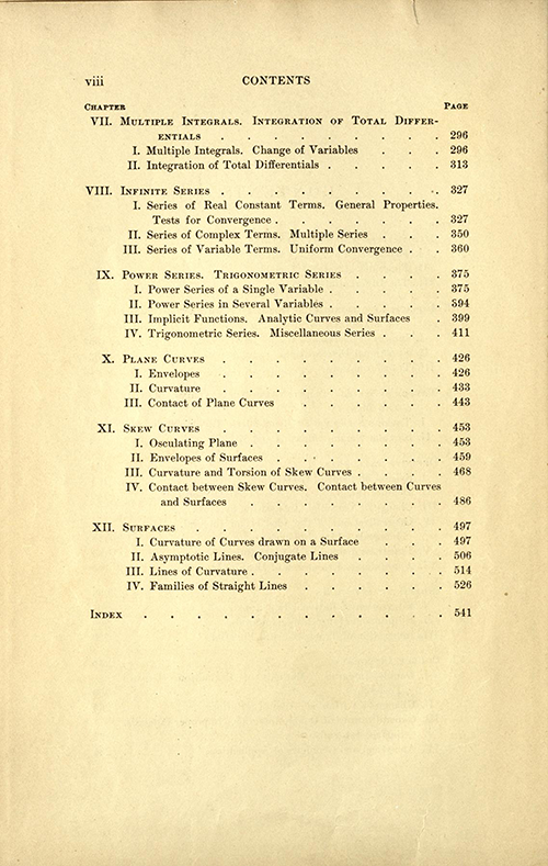 Second page of table of contents for Volume one of A Course in Mathematical Analysis (English translation of Goursat's Course d'analyse mathematique from 1904)