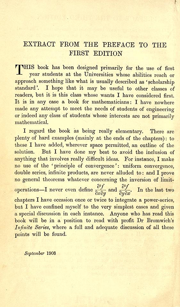 Preface of A Course in Pure Mathematics by G. H. Hardy, third edition, 1921