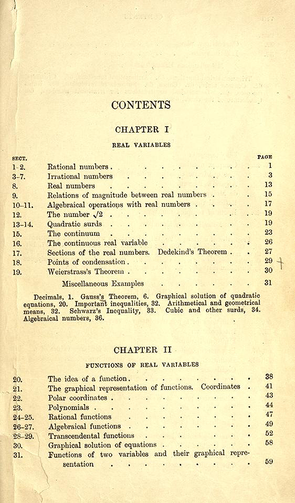 First page of the table of contents of A Course in Pure Mathematics by G. H. Hardy, third edition, 1921