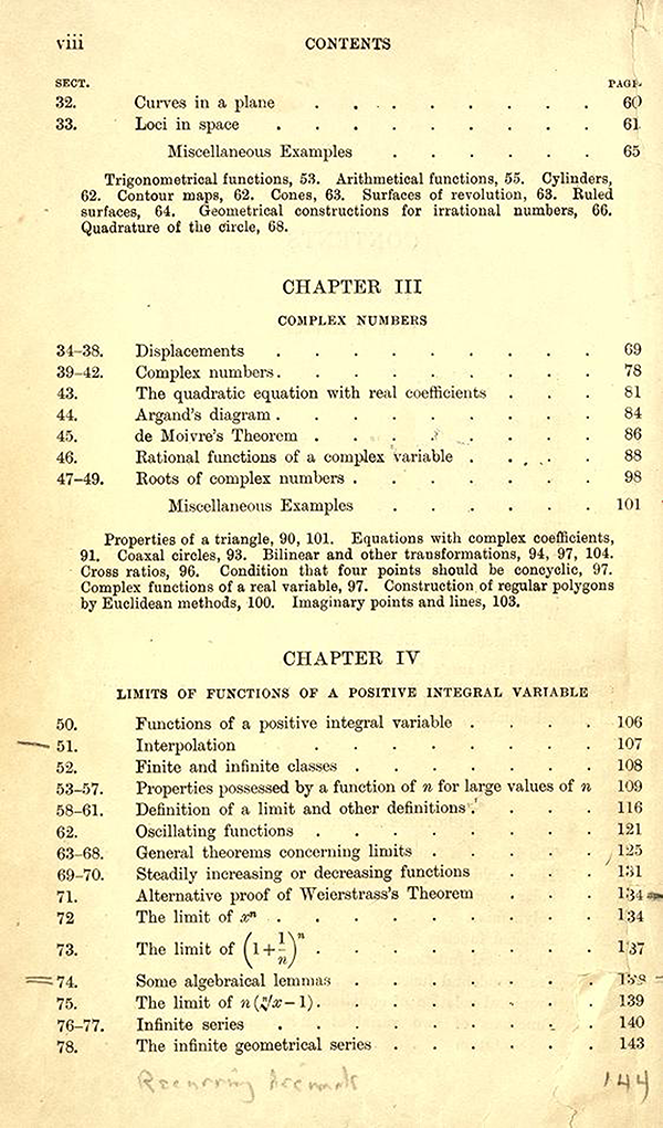 Second page of the table of contents of A Course in Pure Mathematics by G. H. Hardy, third edition, 1921