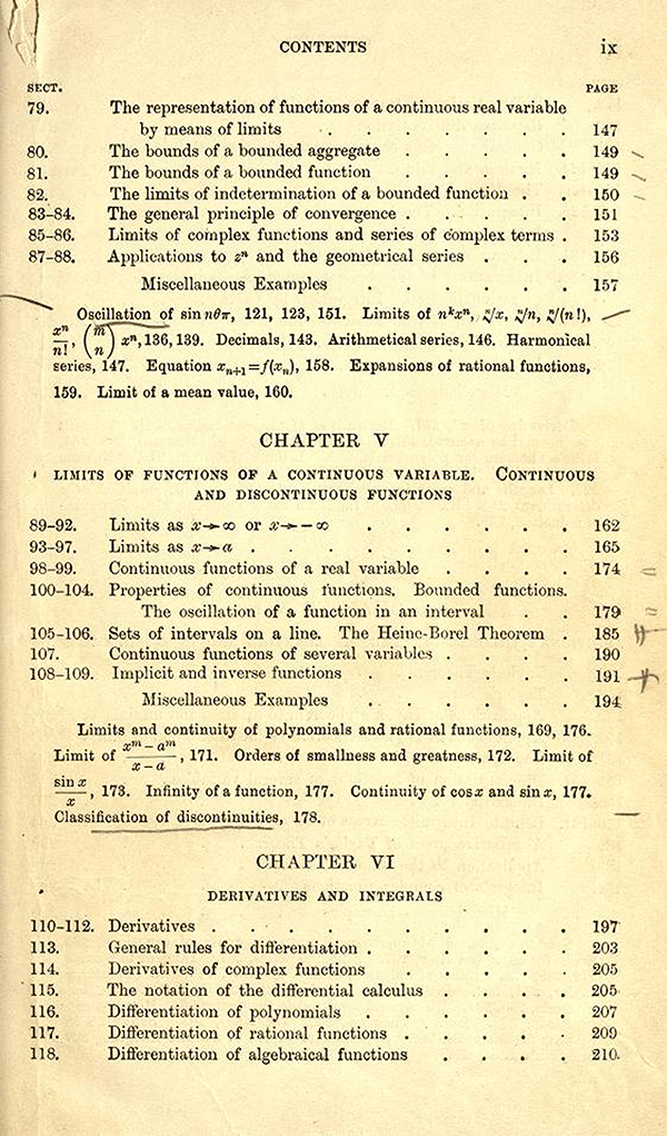 Third page of the table of contents of A Course in Pure Mathematics by G. H. Hardy, third edition, 1921