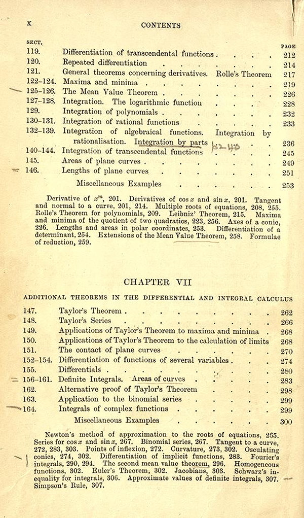 Fourth page of the table of contents of A Course in Pure Mathematics by G. H. Hardy, third edition, 1921