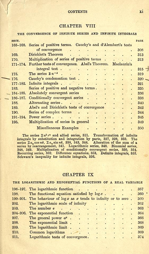 Fifth page of the table of contents of A Course in Pure Mathematics by G. H. Hardy, third edition, 1921