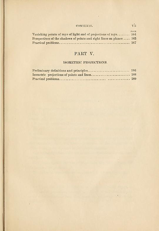 Third page of table of contents from Elements of Descriptive Geometry by Albert Church, 1867