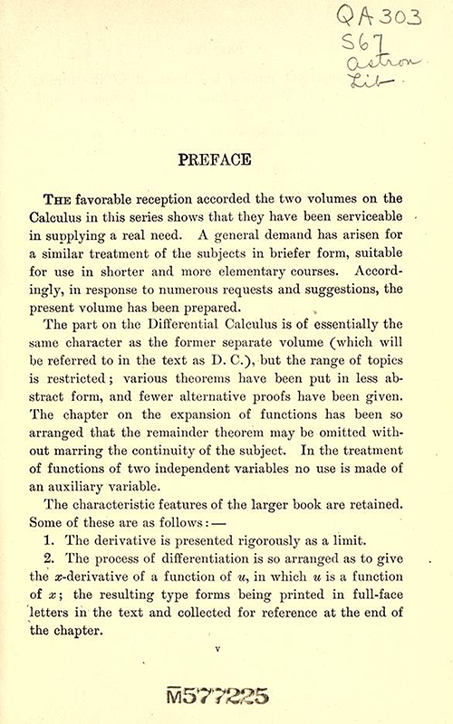 First page of Preface to Differential and Integral Calculus, 1902, by Snyder and Hutchinson