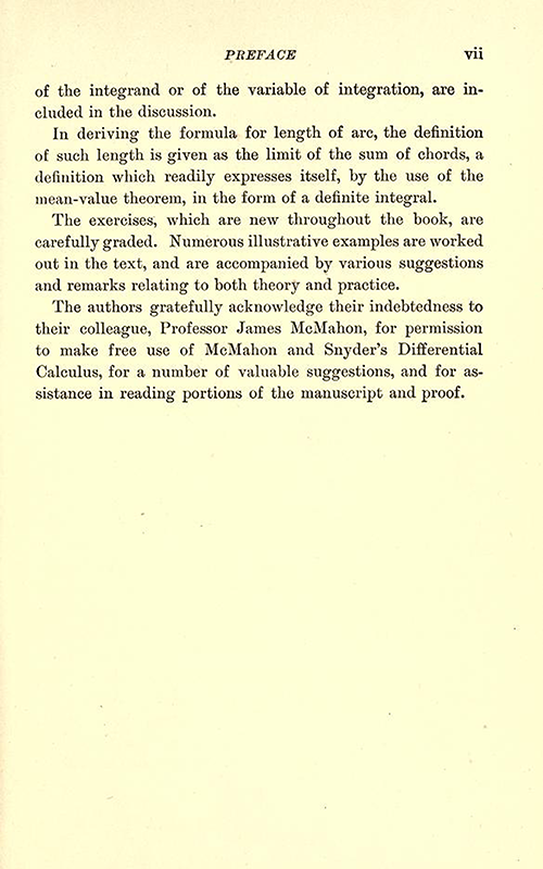 Third page of Preface to Differential and Integral Calculus, 1902, by Snyder and Hutchinson