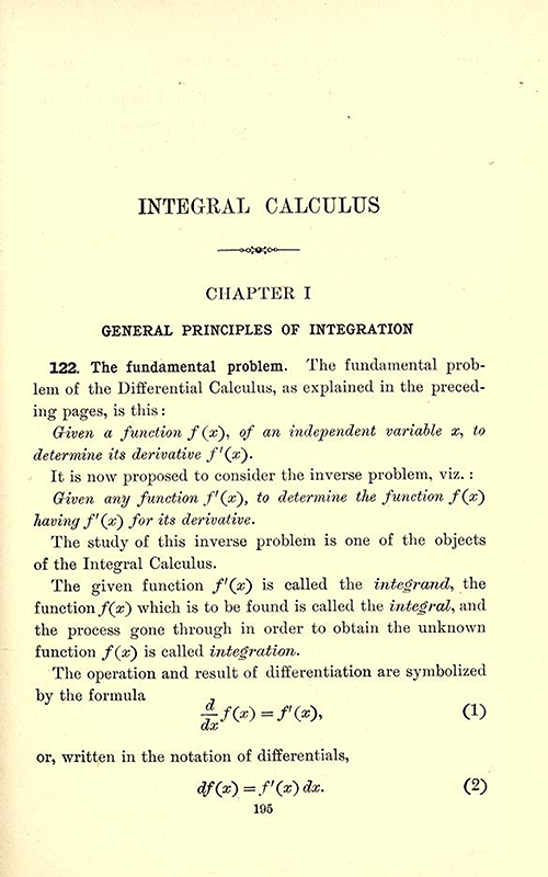 First page of chapter on integration from Differential and Integral Calculus, 1902, by Snyder and Hutchinson