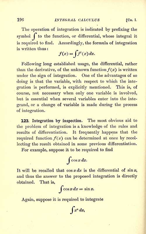 Second page of chapter on integration from Differential and Integral Calculus, 1902, by Snyder and Hutchinson