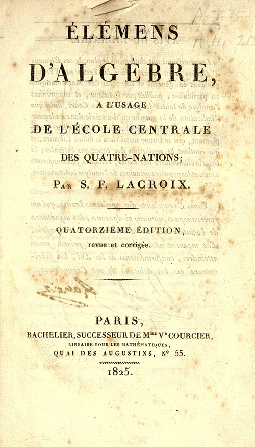 Title page for 1825 printing of Lacroix's Elements of Algebra.