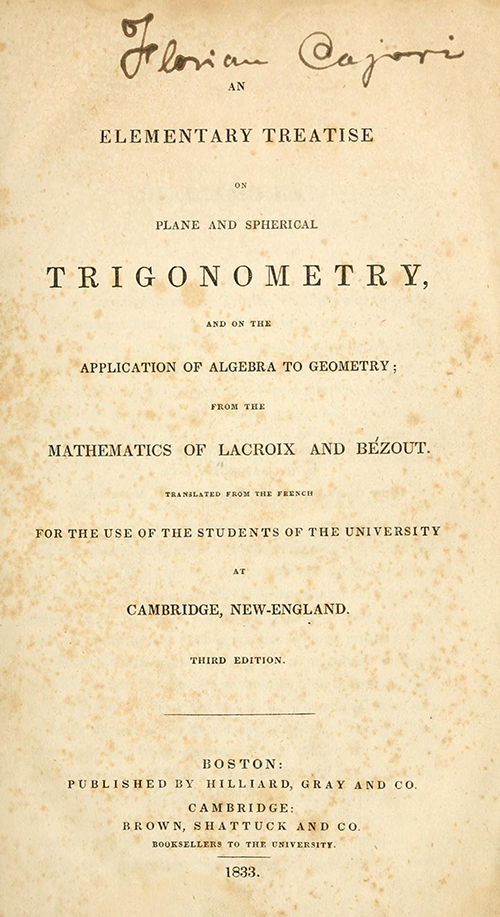 Title page for Farrar's translation of Bézout's and Lacroix's trigonometry textbook.