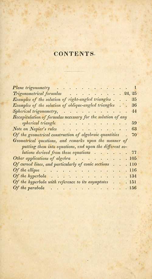 Table of contents for Farrar's translation of Bézout's and Lacroix's trigonometry textbook.