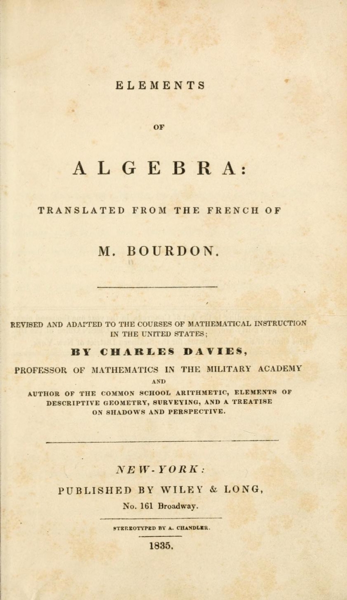 Title page of the translation of Bourdon's Algebra published by Charles Davies in 1835.