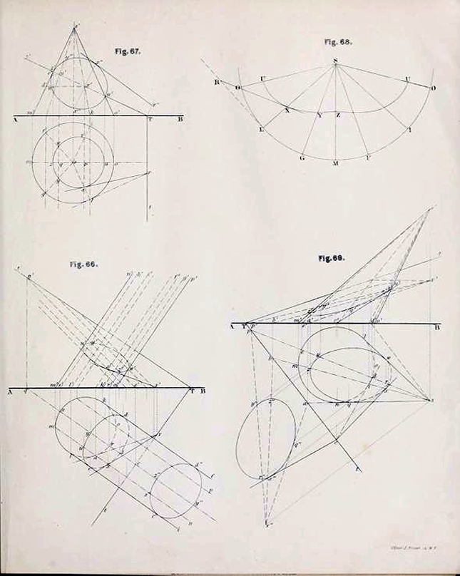First page of diagrams from Plates to Descriptive Geometry by Albert Church, 1867