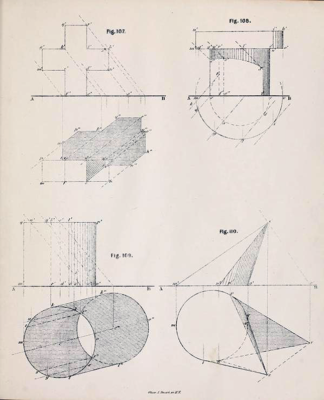 Third page of diagrams from Plates to Descriptive Geometry by Albert Church, 1867