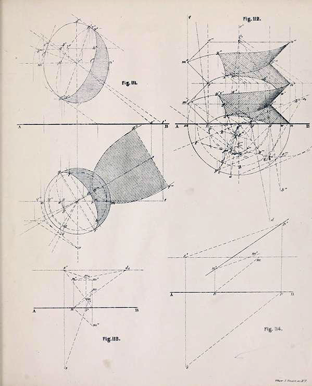 Fourth page of diagrams from Plates to Descriptive Geometry by Albert Church, 1867