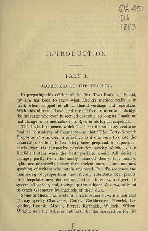First page of the Introduction to Euclid Books I, II, second edition by Charles Dodgson, 1883