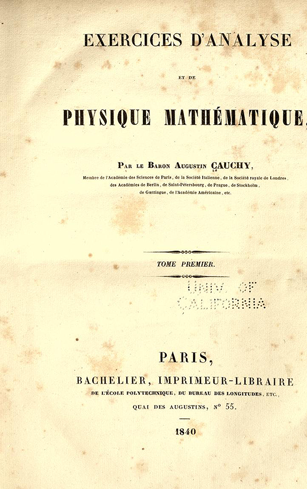 Title page for Exercices d'Analyse et de Physique Mathematique by Cauchy