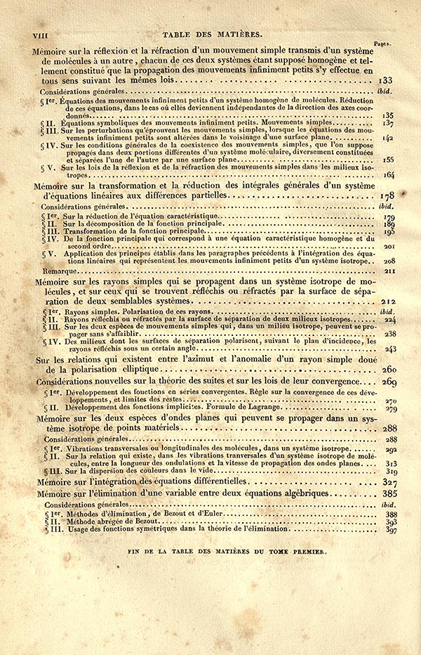 Second page of Table of Contents for Exercices d'Analyse et de Physique Mathematique by Cauchy
