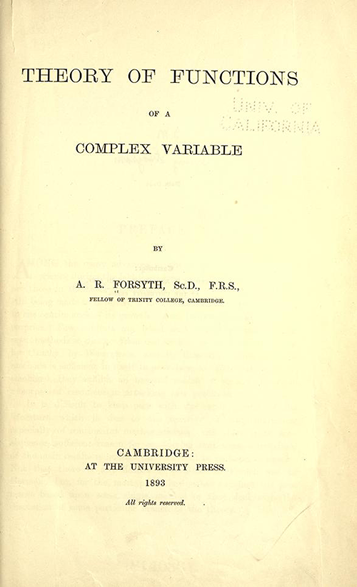 Title page of Theory of Functions of a Complex Variable by Andrew Forsyth in 1893