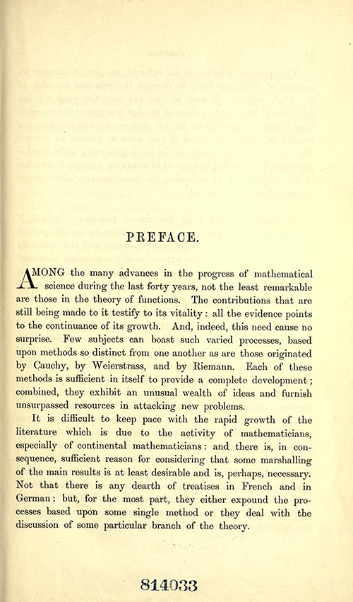 First page to the Preface of Theory of Functions of a Complex Variable by Andrew Forsyth in 1893