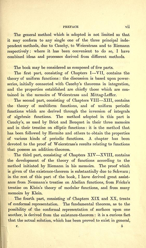 Third page to the Preface of Theory of Functions of a Complex Variable by Andrew Forsyth in 1893
