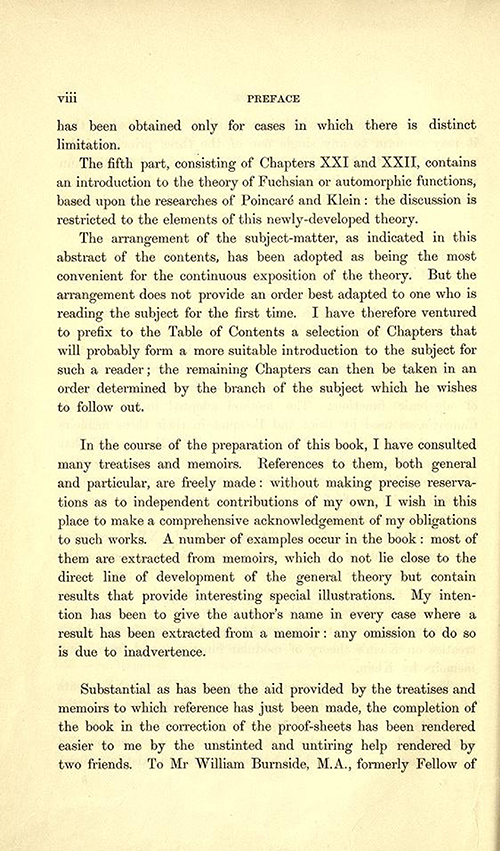 Fourth page to the Preface of Theory of Functions of a Complex Variable by Andrew Forsyth in 1893