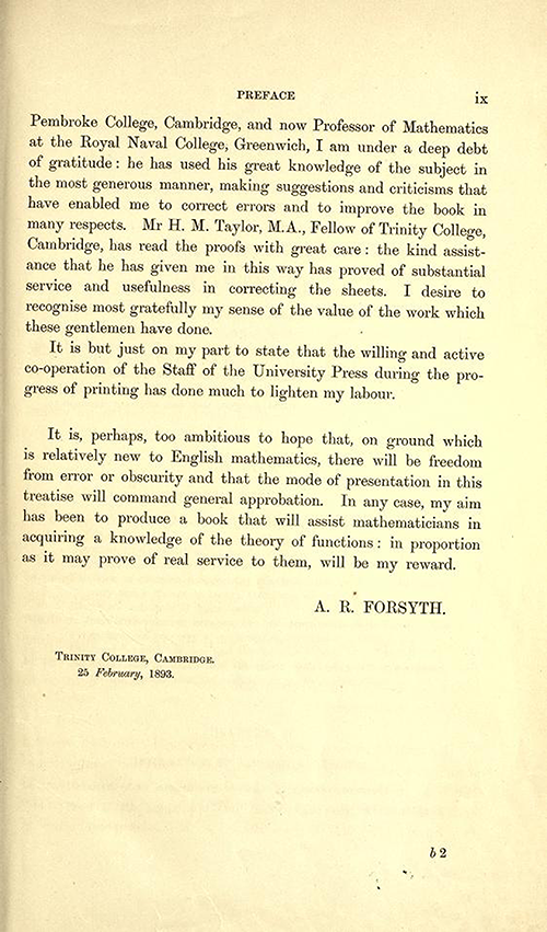 Fifth page to the Preface of Theory of Functions of a Complex Variable by Andrew Forsyth in 1893