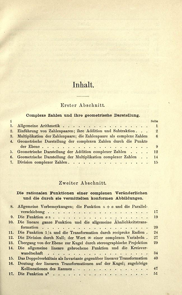 First page of table of contents of Einfuhrung in die Theorie der analytischen Functionen by Heinrich Burkhardt
