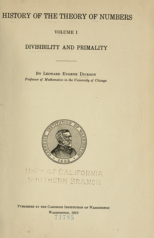 Title page for History ot the Theory of Numbers Volume 1 by Leonard Dickson