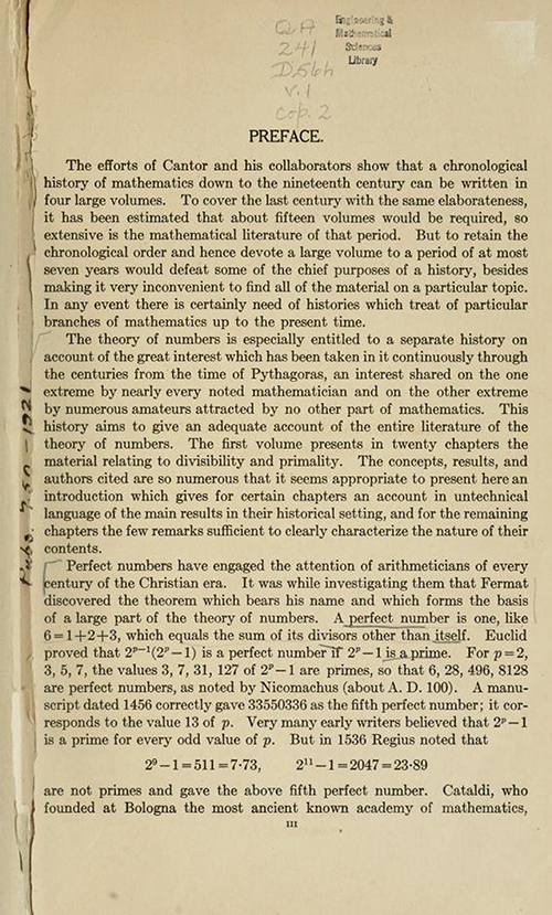 First page of the Preface for History ot the Theory of Numbers Volume 1 by Leonard Dickson