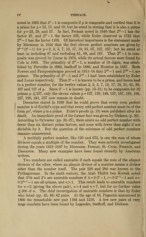 Second page of the Preface for History ot the Theory of Numbers Volume 1 by Leonard Dickson