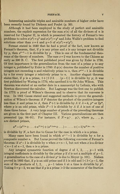 Third page of the Preface for History ot the Theory of Numbers Volume 1 by Leonard Dickson