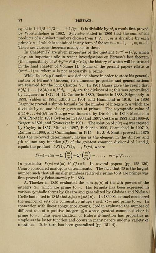 Fourth page of the Preface for History ot the Theory of Numbers Volume 1 by Leonard Dickson