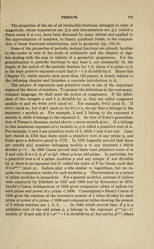 Fifth page of the Preface for History ot the Theory of Numbers Volume 1 by Leonard Dickson