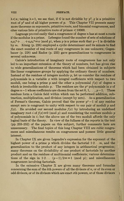 Sixth page of the Preface for History ot the Theory of Numbers Volume 1 by Leonard Dickson