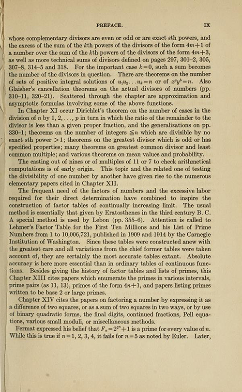 Seventh page of the Preface for History ot the Theory of Numbers Volume 1 by Leonard Dickson