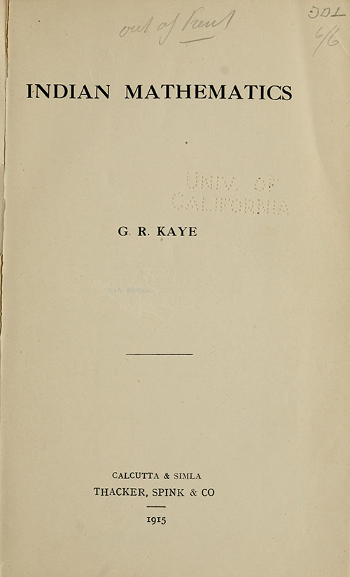 Title page of Indian Mathematics by George Kaye