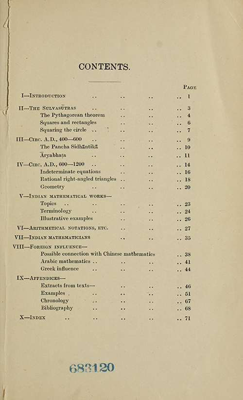 Table of Contents from Indian Mathematics by George Kaye