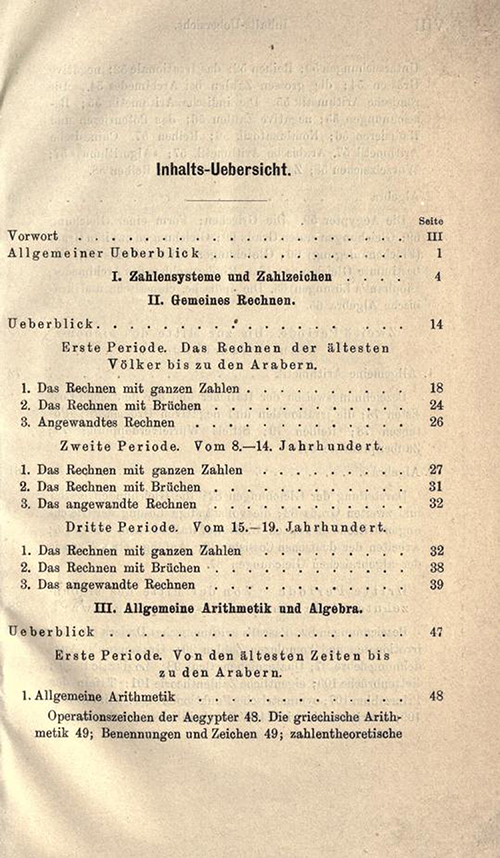 First page of Table of Contents of Karl Fink's 1890 Kurzer Abriss einer Geschichte der Elementar-Mathematik