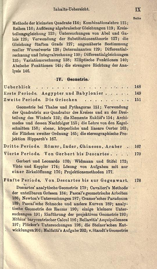 Third page of Table of Contents of Karl Fink's 1890 Kurzer Abriss einer Geschichte der Elementar-Mathematik