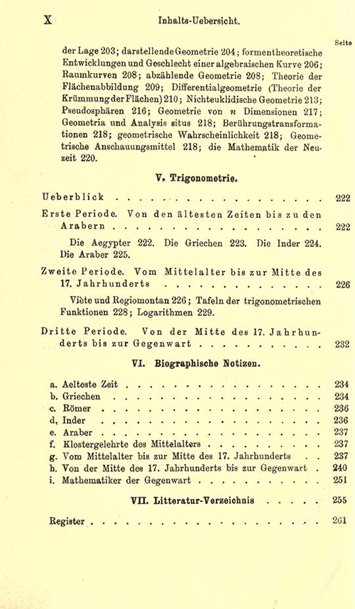 Fourth page of Table of Contents of Karl Fink's 1890 Kurzer Abriss einer Geschichte der Elementar-Mathematik