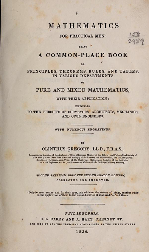 Title page from 2nd American edition of Olinthus Gregory's Mathematics for Practical Men.