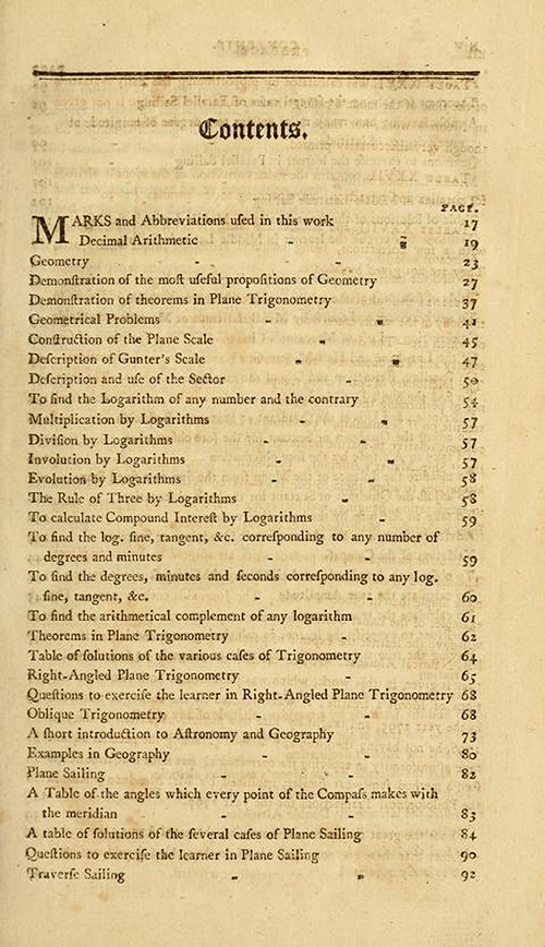 First page of the Table of Contents for The New American Practical Navigator by Nathaniel Bowditch