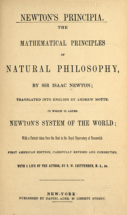 Title page of 1840s American edition of Newton's Principia Mathematica in English.