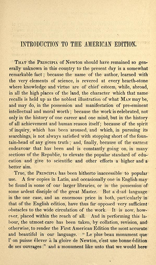 Introduction to 1840s American printing of English translation of Newton's Principia.