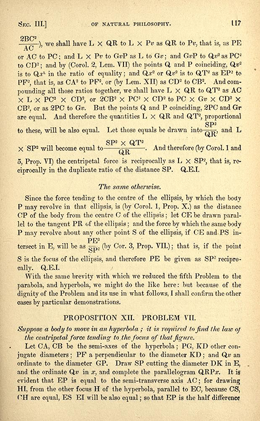 Page 117 from 1840s American printing of English translation of Newton's Principia.